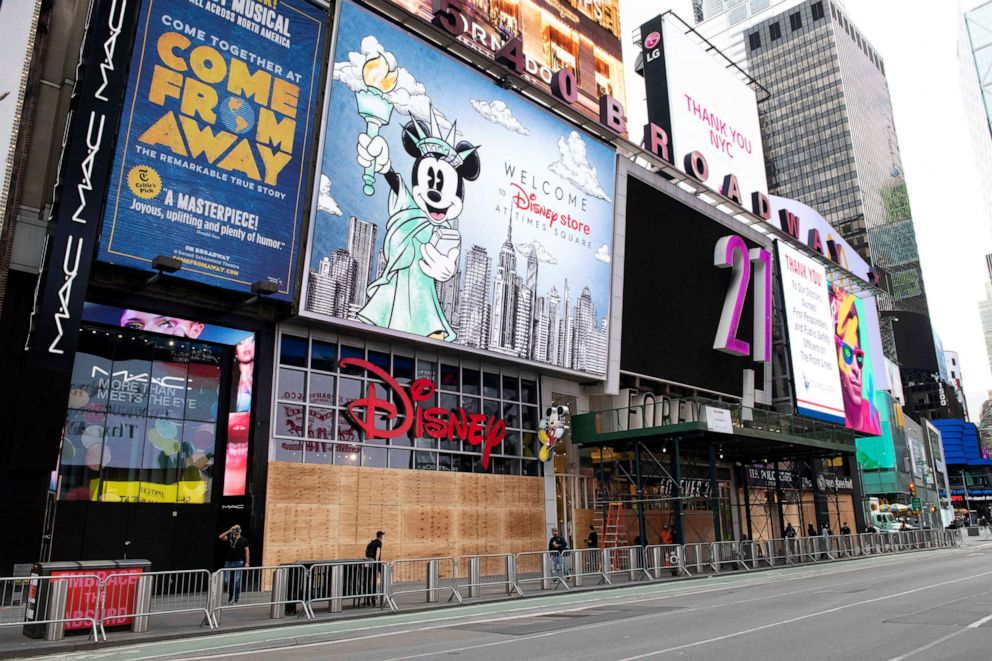 PHOTO: Businesses in Times Square are boarded up after demonstrations condemning the death of George Floyd turned aggressive, June 2, 2020.