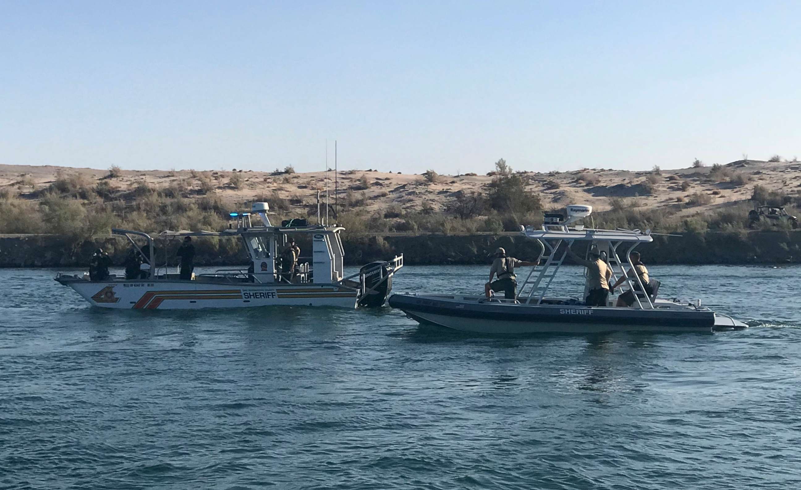 PHOTO: Law enforcement responds to a boating crash on the Colorado River, Sept. 2, 2018. Two vessels collided the night before.