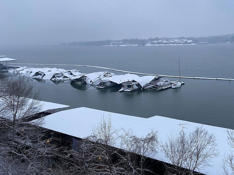 PHOTO: The roof of a dock sits collapsed in Blue Turtle Bay Marina in Old Hickory, Tenn., Feb. 18, 2021.