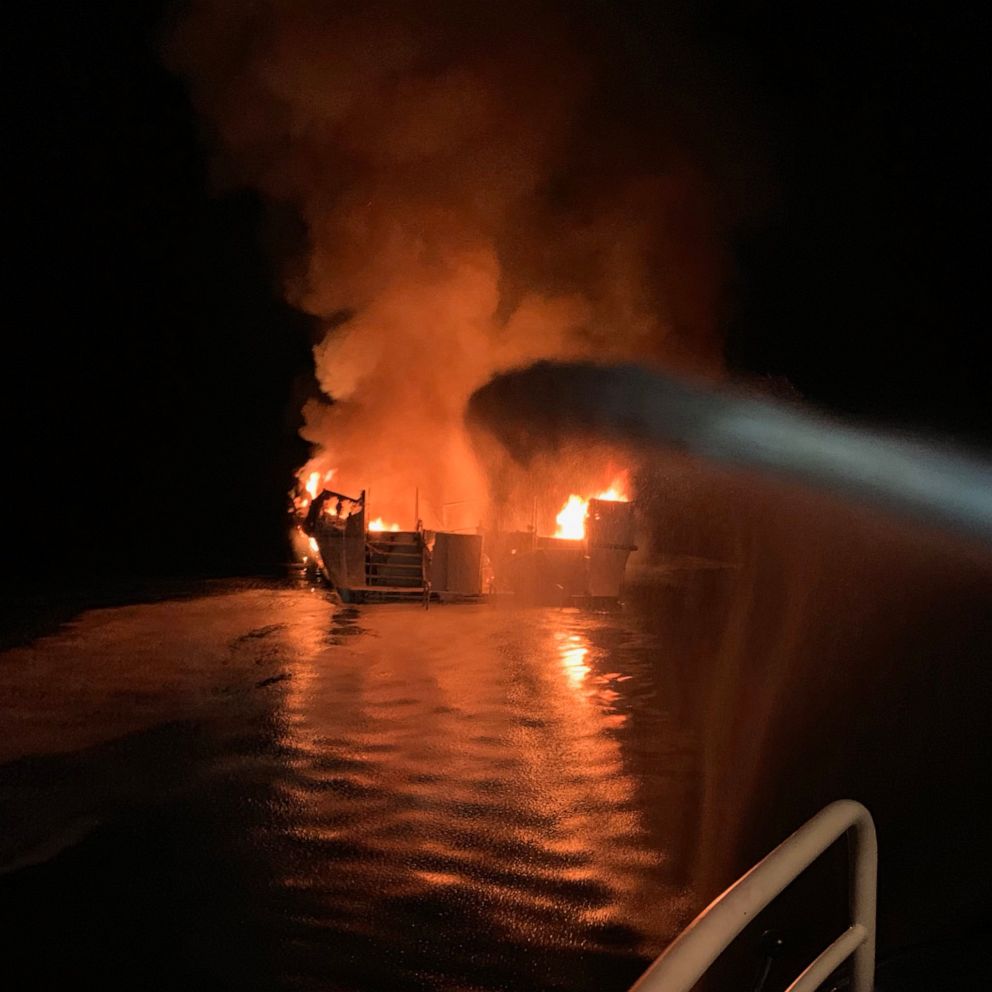 PHOTO: The Ventura County Fire Department at the scene of a boat fire off the coast off Santa Cruz, Calif., Sept. 2, 2019. 