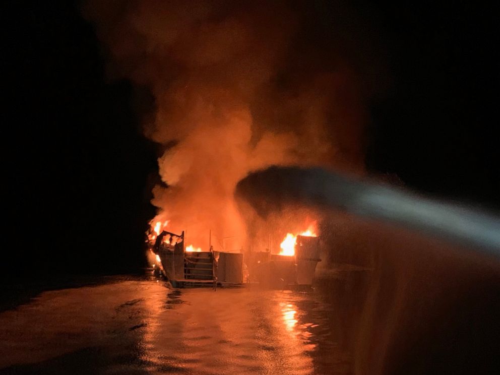 PHOTO: Firefighters from Ventura County on the scene of a boat fire off the coast of Santa Cruz, California on September 2, 2019. 