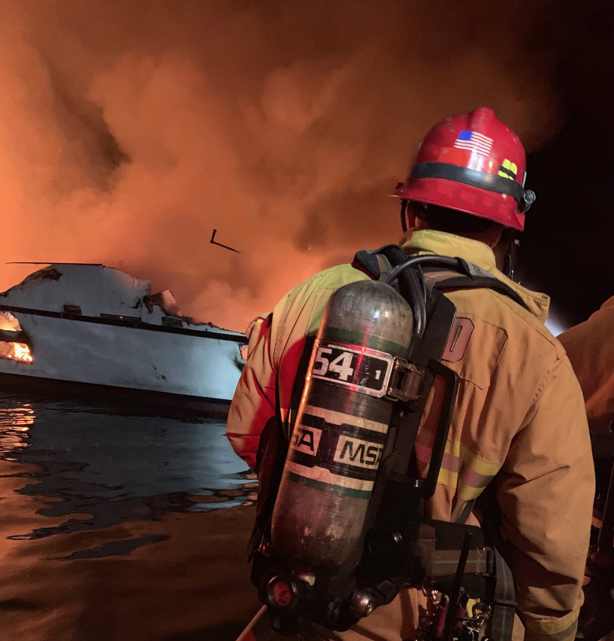 PHOTO: The Ventura County Fire Department at the scene of a boat fire off the coast off Santa Cruz, Calif., Sept. 2, 2019. 