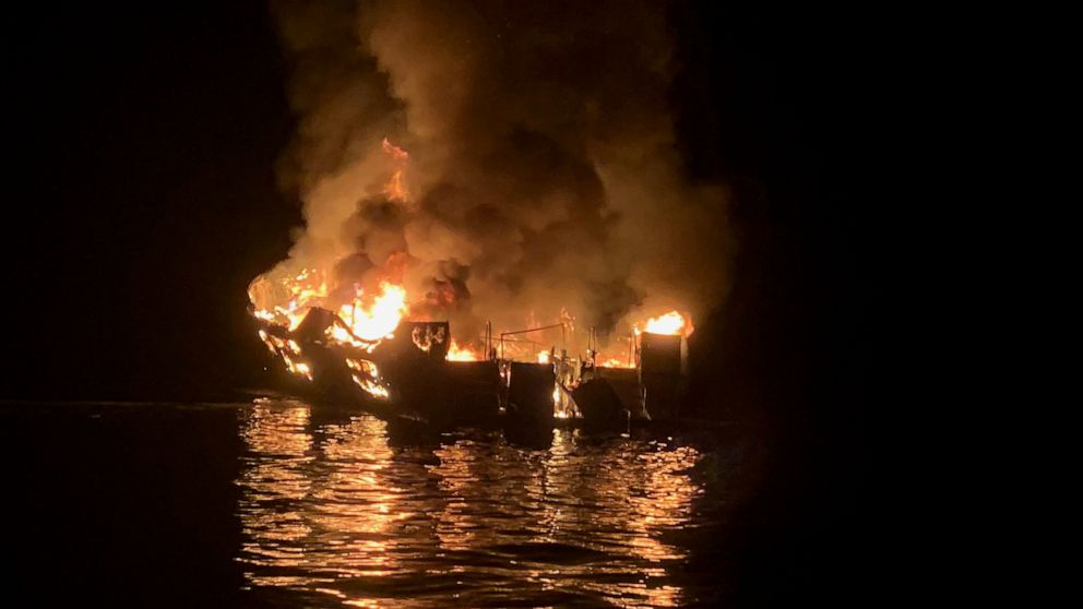 PHOTO: A boat burns off the coast of Santa Cruz Island, Calif., Sept. 2, 2019.