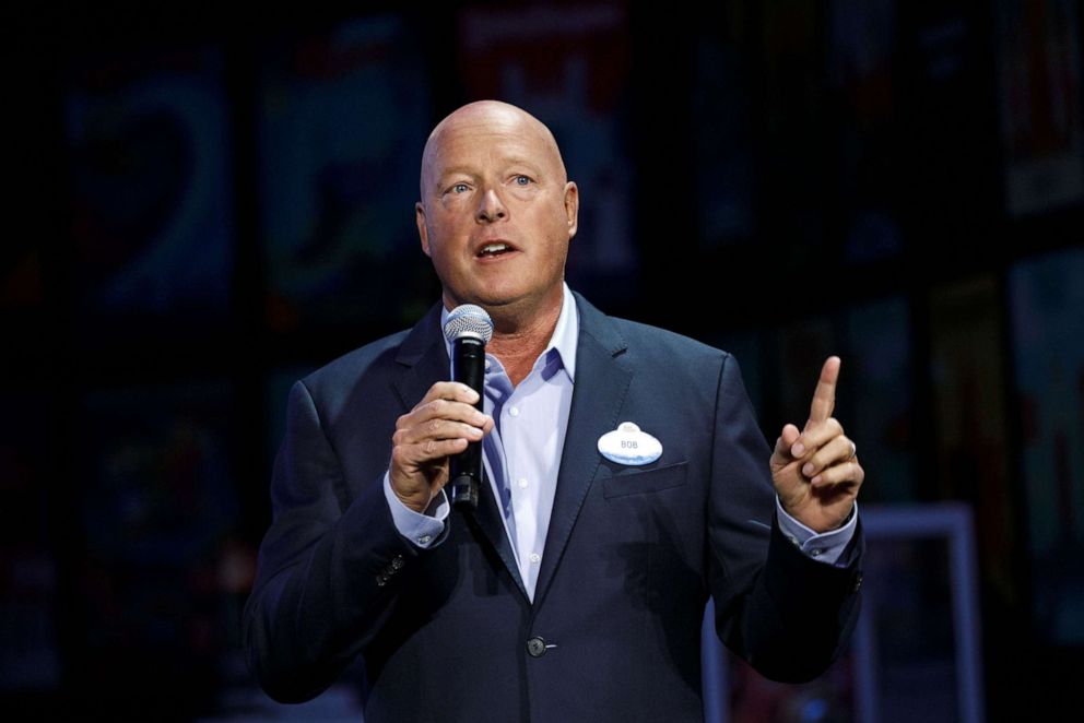 PHOTO: In this Aug. 2, 2019, file photo, Bob Chapek, chairman of Walt Disney Parks and Experiences, speaks during a media preview of the D23 Expo 2019 in Anaheim, Calif.