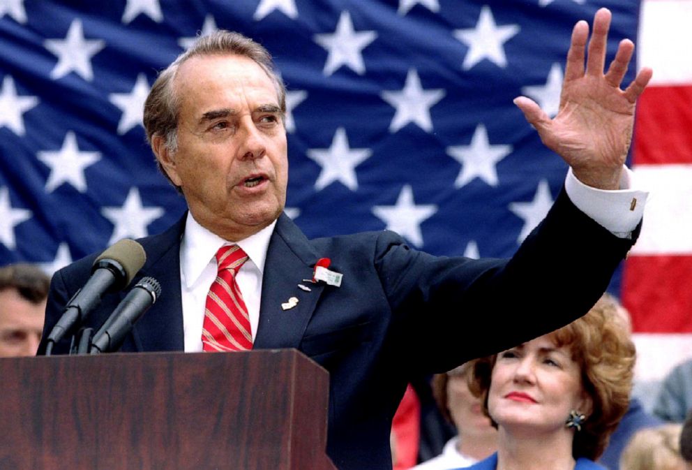 PHOTO: Republican presidential candidate Bob Dole makes a point during a Memorial Day speech in Clifton, New Jersey, May 27, 1996.