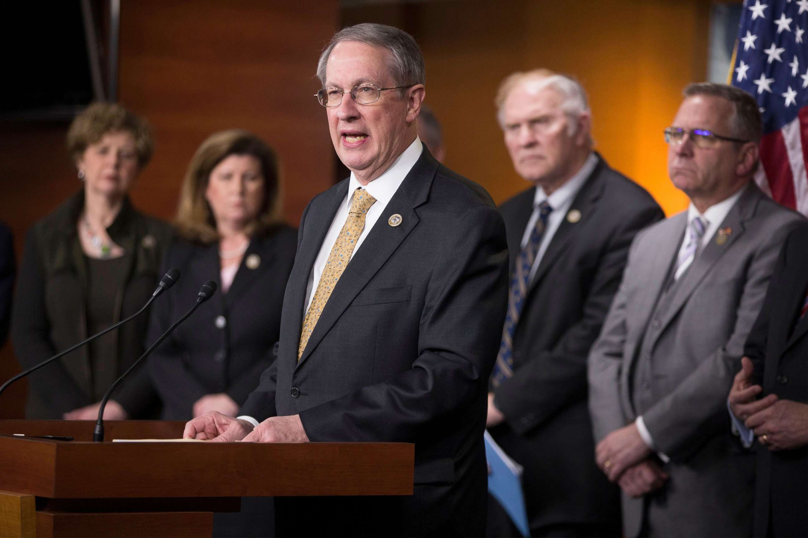 PHOTO: Chairman of the House Judiciary Committee Republican Bob Goodlatte, center, delivers remarks on Capitol Hill in Washington, D.C., March 14. 2018.
