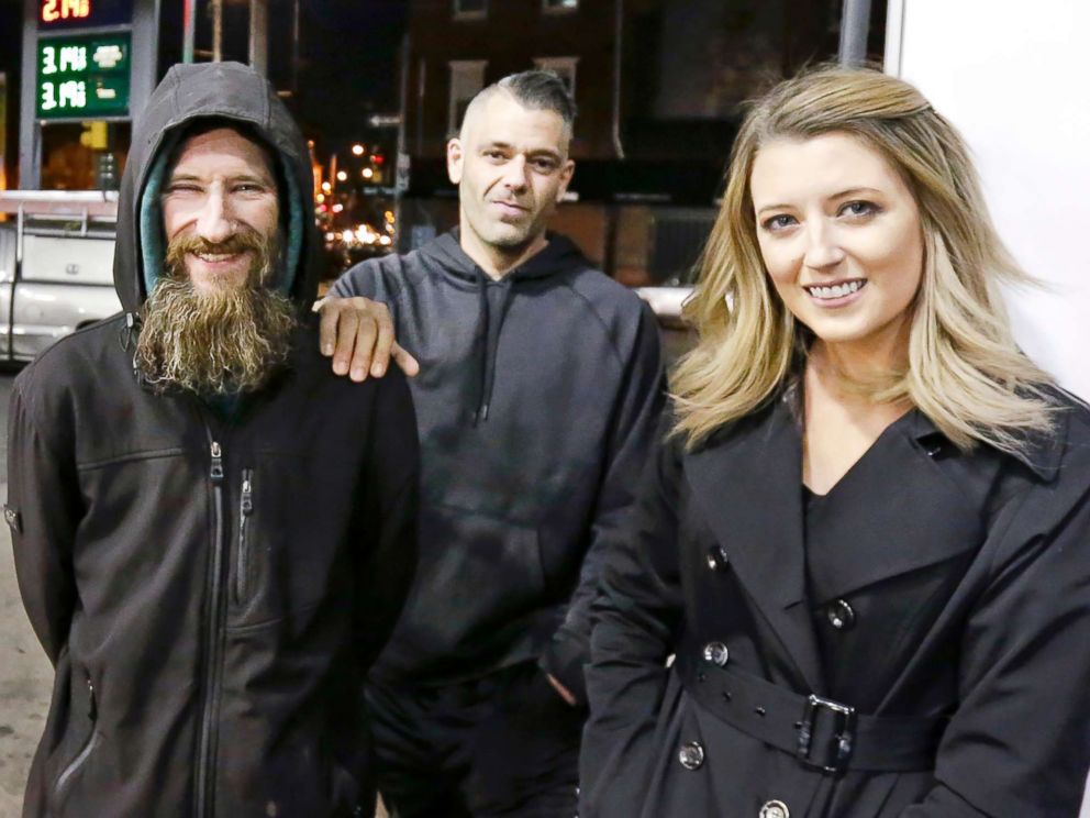 PHOTO: In this Nov. 17, 2017, file photo, Johnny Bobbitt Jr., left, Kate McClure, right, and McClure's boyfriend Mark D'Amico are pictured in Philadelphia.