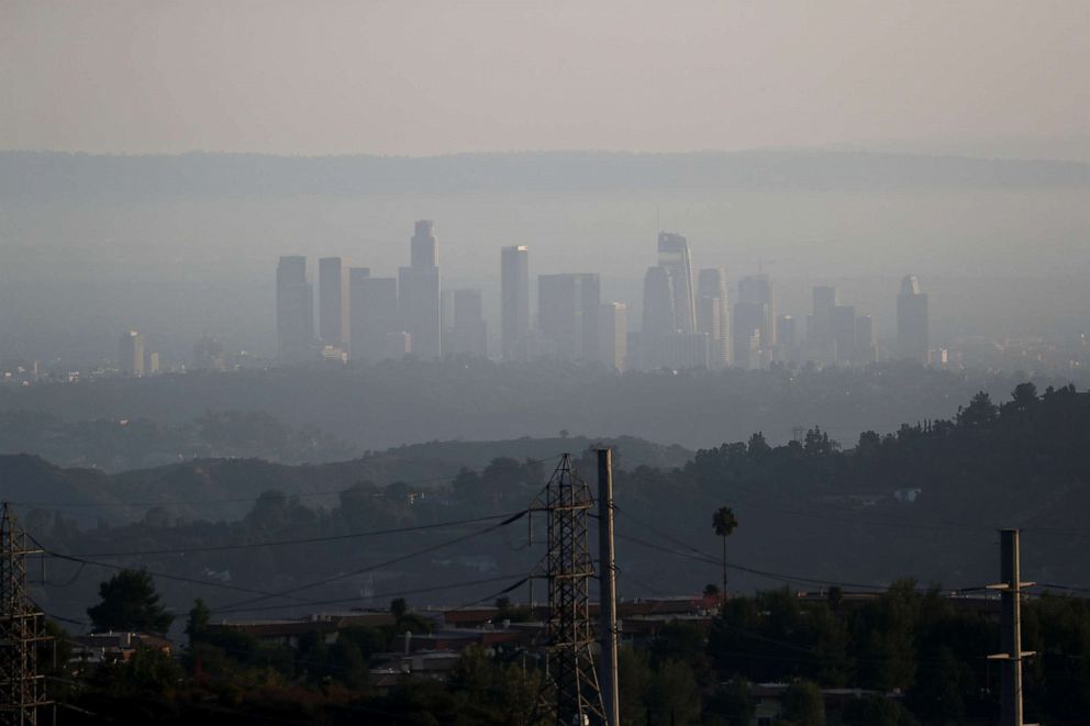PHOTO: The downtown skyline is pictured amidst the smoke from the Bobcat fire in Los Angeles, Sept. 23, 2020.