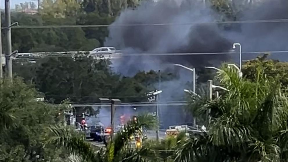 PHOTO: The site of a small plane crash in Boca, Raton, Fla., Apr. 11, 2025.