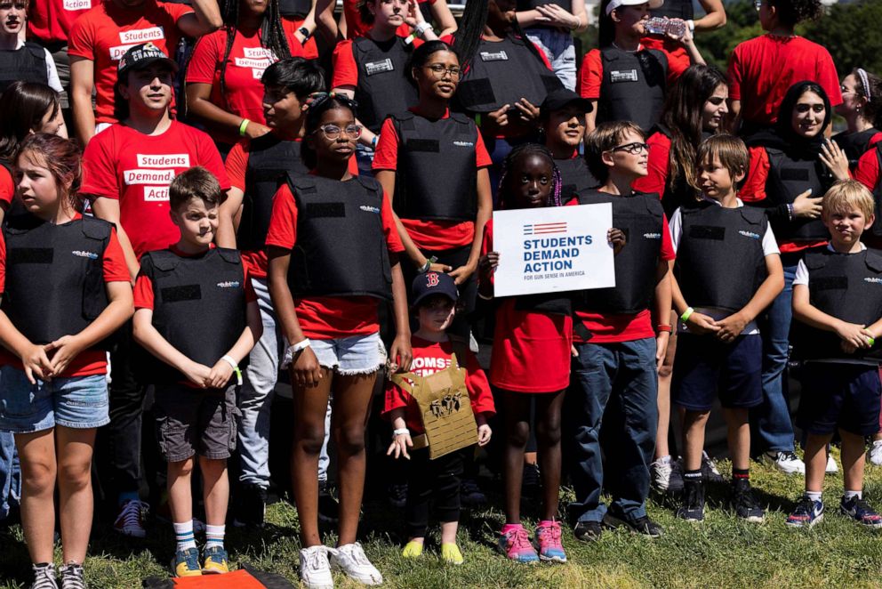 PHOTO: Students wearing bulletproof vests hold a rally  calling for actions from U.S. politicians in the wake of mass shootings, Washington, June. 6, 2022.