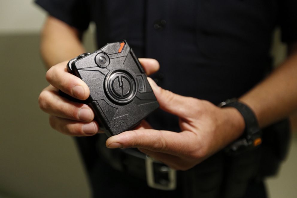 PHOTO: In this Aug. 31, 2015, file photo, a police officer demonstrates the use of a body camera during a training session in Los Angeles.