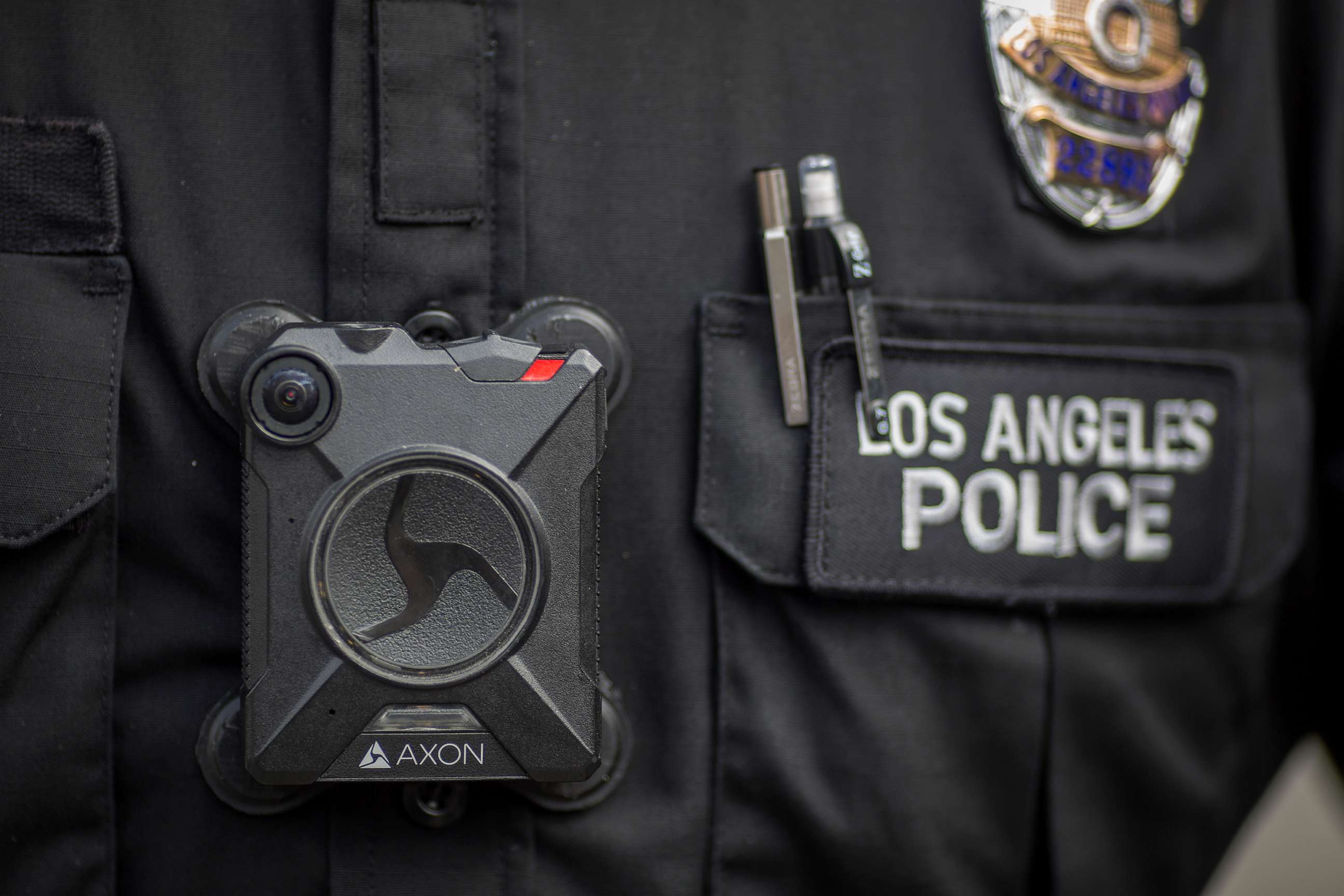 PHOTO: A Feb. 18, 2017, file photo, a police officer wear an AXON body camera during a protest in Los Angeles.