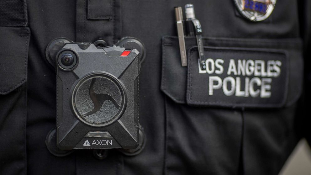 PHOTO: A Feb. 18, 2017, file photo, a police officer wear an AXON body camera during a protest in Los Angeles.