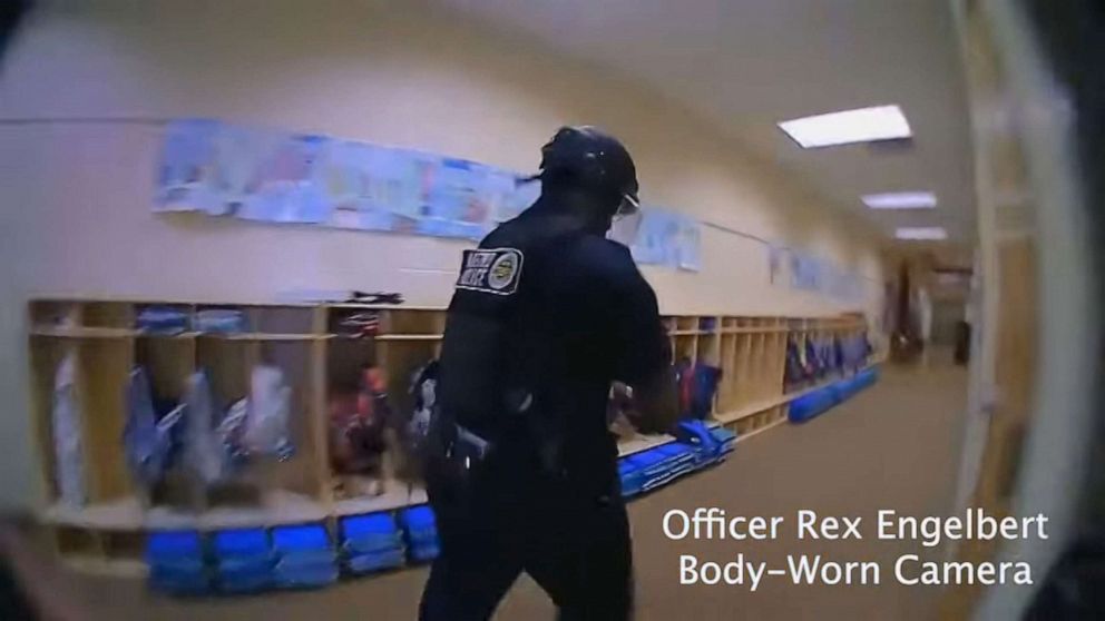 PHOTO: Metro Nashville Police body camera image shows officers searching for the suspected shooter at the Covenant School in Nashville, Tennessee, March 27, 2023.