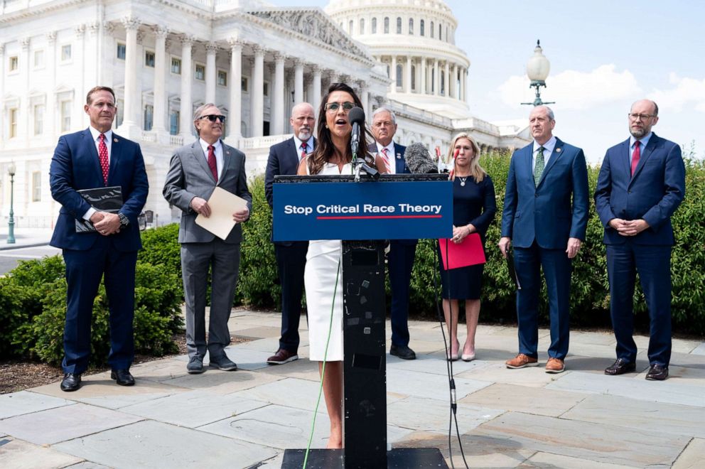 PHOTO: Republican U.S. Rep. Lauren Boebert states at a press conference that teaching critical race theory in schools is "nothing more than modern-day racism" and "Democrats want to teach our children to hate each other," May 12, 2021 in Washington, D.C.