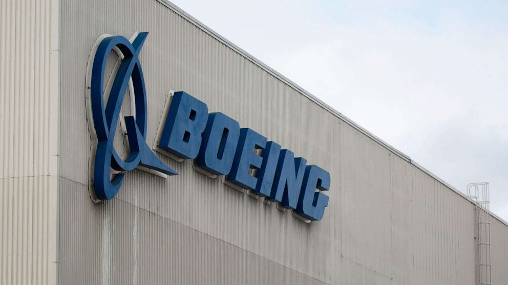 PHOTO: In this file photo taken on March 12, 2019 the Boeing logo is pictured at the Boeing Renton Factory in Renton, Wash.
