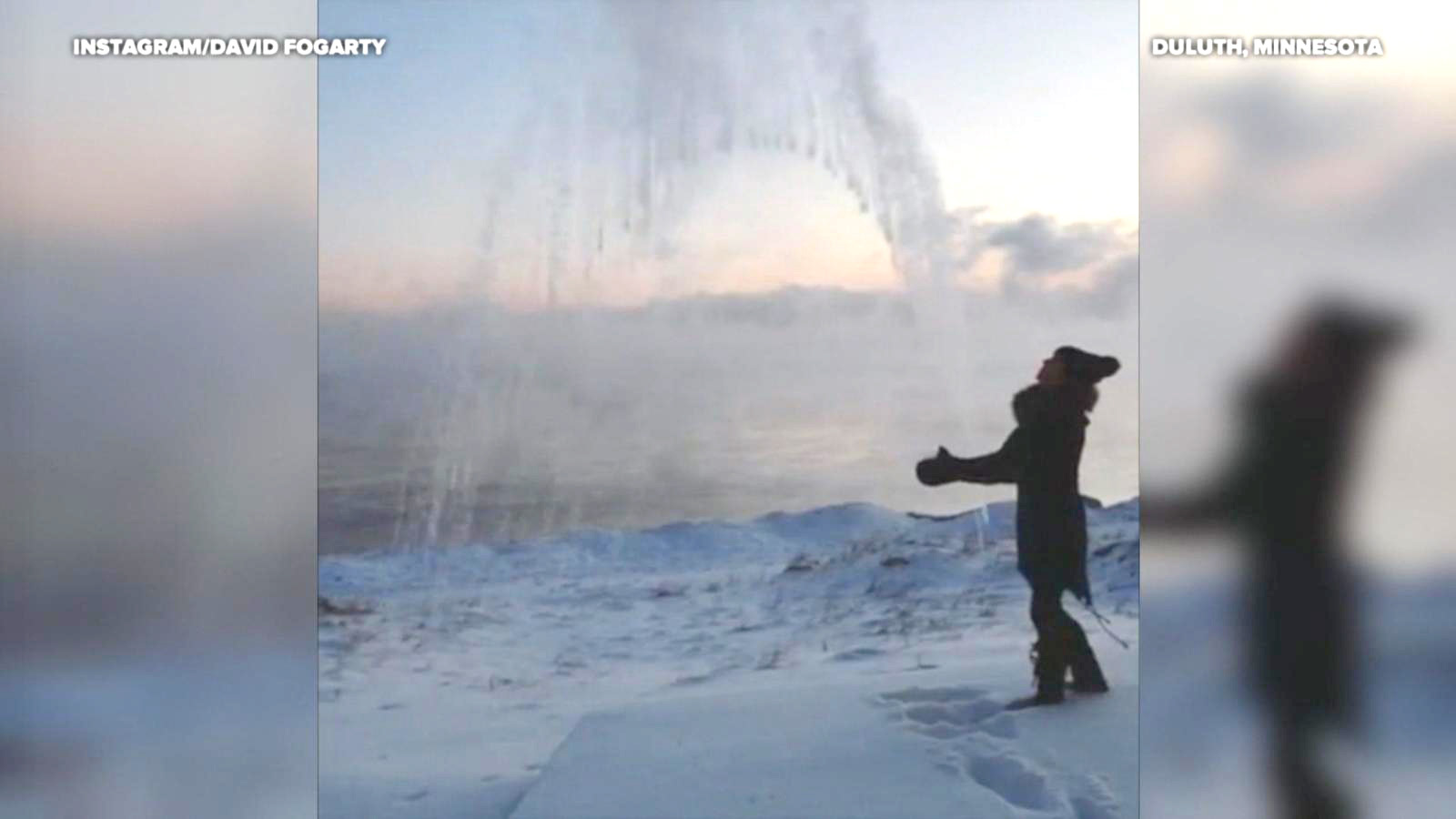 PHOTO:Amy Fogarty took a pot of boiling water and tossed it into the cold air outside her home along Lake Superior. The water freezes instantly mid-air, and falls to the ground as ice. 