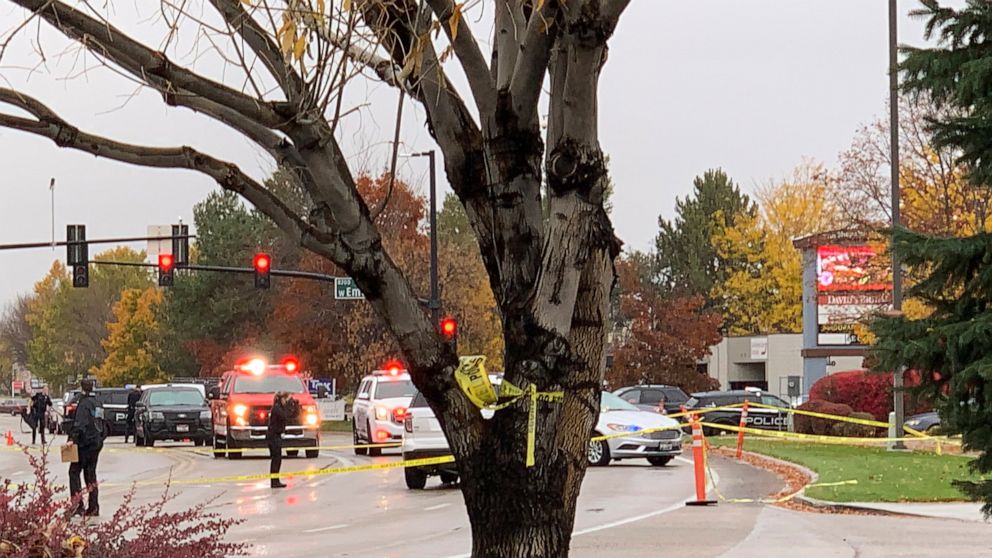 PHOTO: Police close off a street outside a shopping mall after a shooting in Boise, Idaho on Monday, Oct. 25, 2021. Police said there are reports of multiple injuries and one person is in custody. (AP Photo/Rebecca Boone)