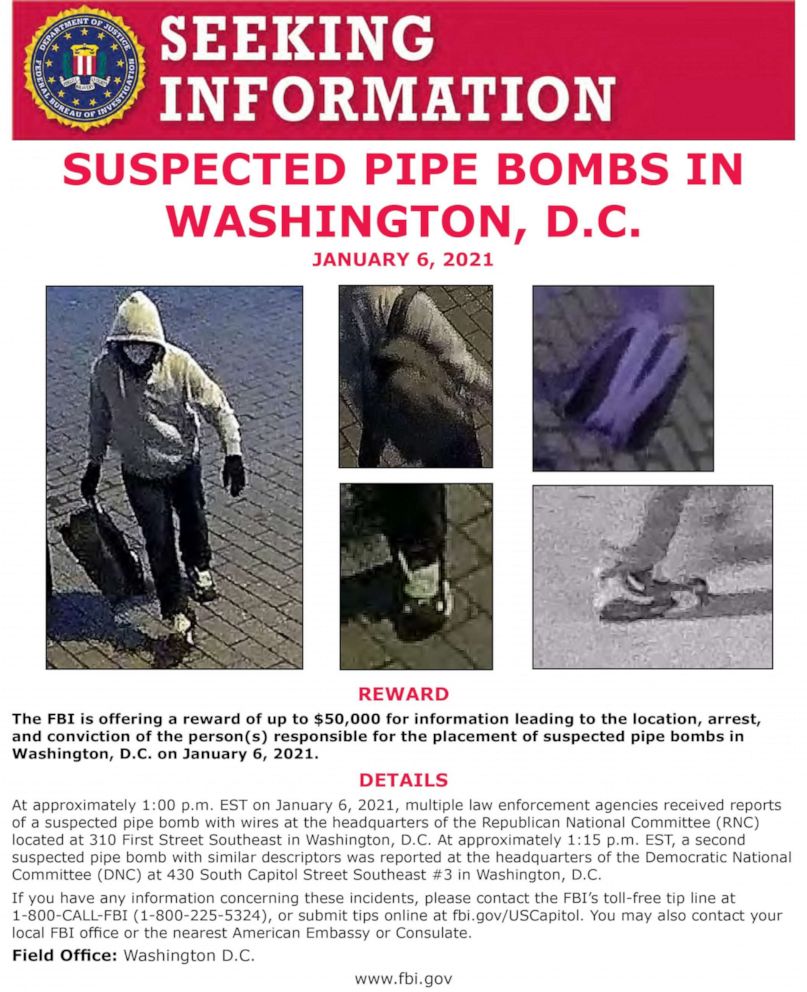 PHOTO: The FBI is offering a reward of up to $50,000 for information of those involved in  placing pipe bombs at the DNC and RNC headquarters in Washington, D.C., Jan. 6, 2021.