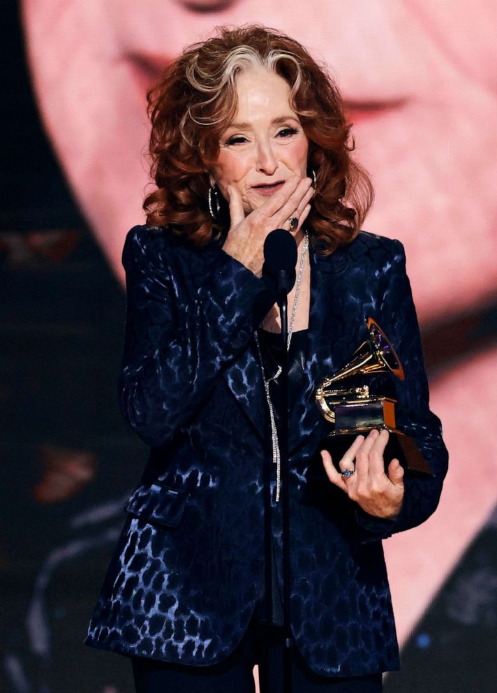 PHOTO: Bonnie Raitt accepts the Song Of The Year award for "Just Like That" during the 65th GRAMMY Awards, Feb. 5, 2023, in Los Angeles.