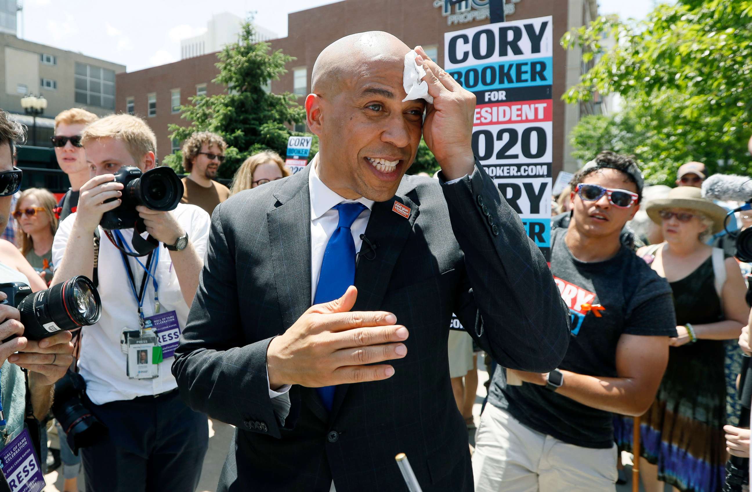 PHOTO: Democratic presidential candidate Cory Booker arrives at the Iowa Democratic Party's Hall of Fame Celebration, June 9, 2019, in Cedar Rapids, Iowa. 