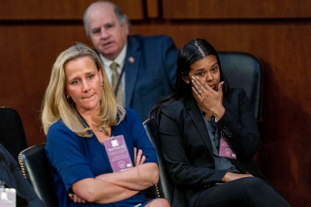 PHOTO: Members of the audience become emotional during an impassioned speech by Sen. Cory Booker, D-N.J., during Supreme Court nominee Ketanji Brown Jackson's Senate Judiciary Committee confirmation hearing on Capitol Hill in Washington, March 23, 2022.