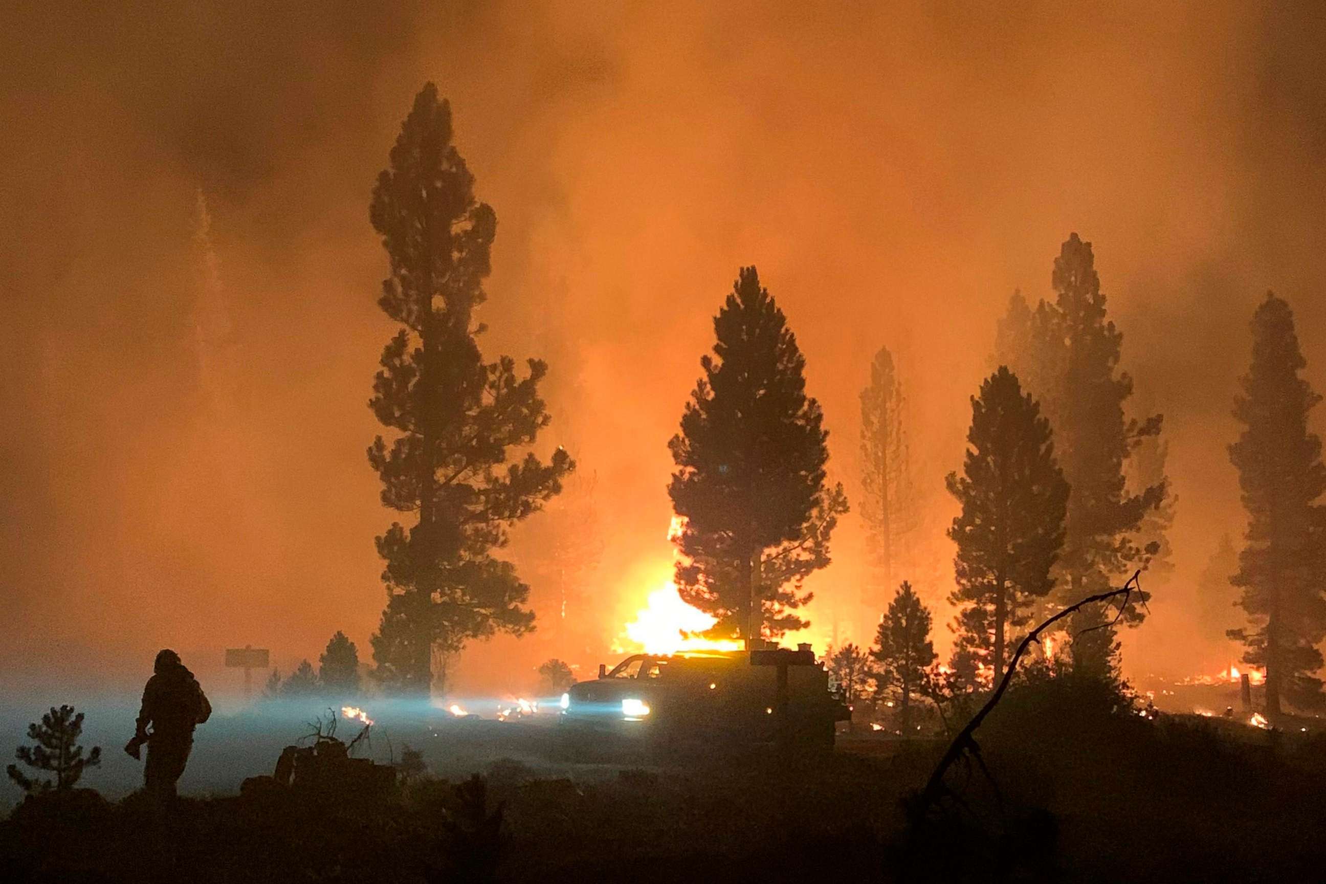 PHOTO: The Bootleg Fire burns at night in southern Oregon on July 17, 2021, in an image provided by the Bootleg Fire Incident Command. 