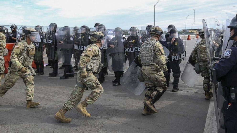PHOTO: Soldiers with the 66th Military Police Company rehearse lane closures with U.S. Customs and Border Protection officers at the Camino Real International Bridge in Eagle Pass, Texas, Feb 7, 2019.
