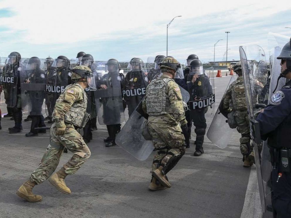 PHOTO: Soldiers with the 66th Military Police Company rehearse lane closures with U.S. Customs and Border Protection officers at the Camino Real International Bridge in Eagle Pass, Texas, Feb 7, 2019.