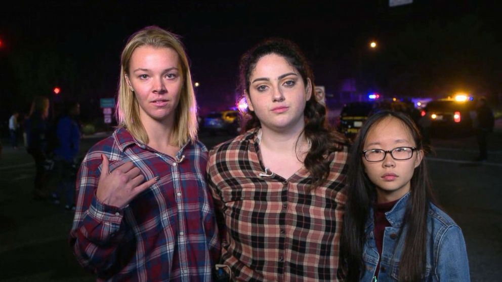 PHOTO: Witnesses Teylor Whittler, Sarah Rose DeSon and Nellie Wong appear on "Good Morning America," Nov. 8, 2018, to talk about the shooting at the Borderline Bar and Grill in Thousand Oaks, Calif., Nov. 8, 2018.