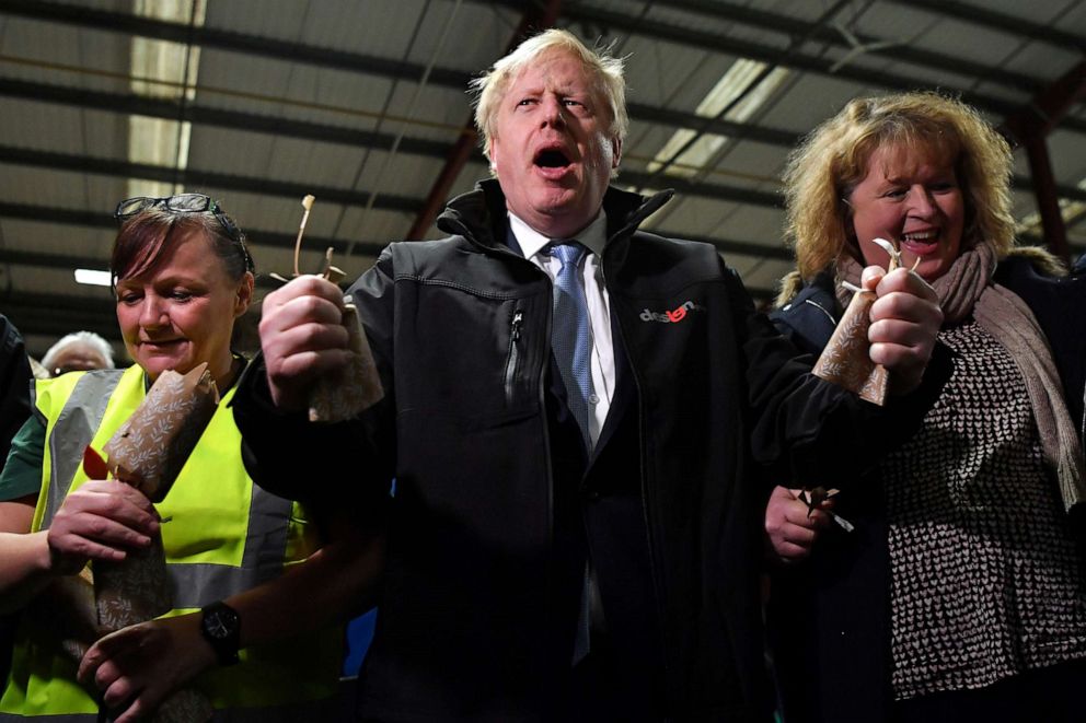 PHOTO: Britain's Prime Minister and Conservative party leader Boris Johnson gestures during a visit to IG Design Group in Hengoed, Britain, Dec. 11, 2019.