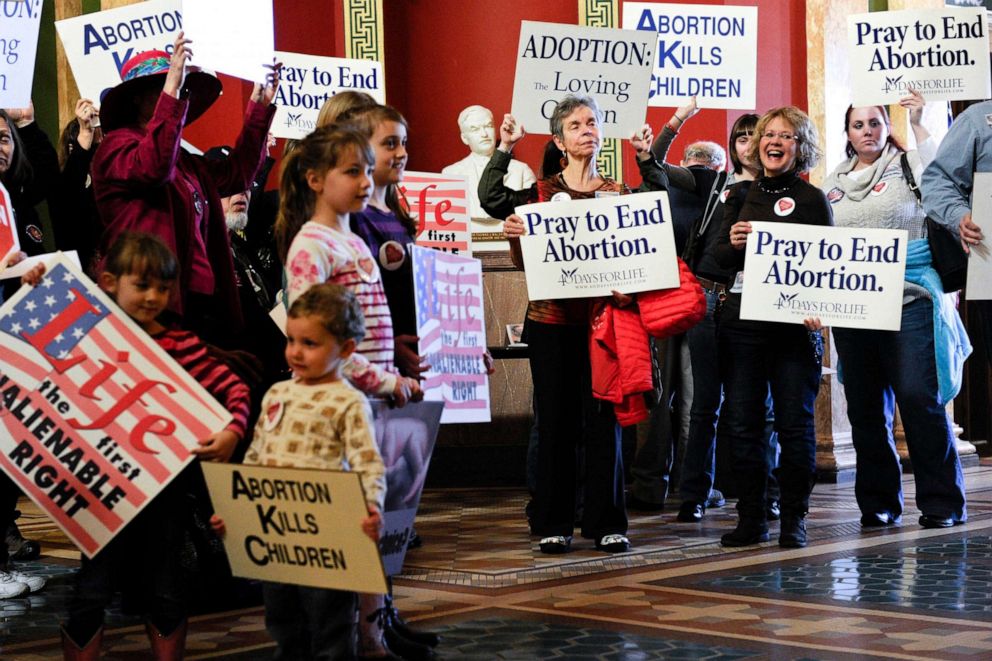 PHOTO: FILE - Protesters fill the Montana state Capitol rotunda in Helena, Mont., on Feb. 11, 2015, during a rally to show support in an attempt to change the Montana Constitution to define life as beginning at conception.