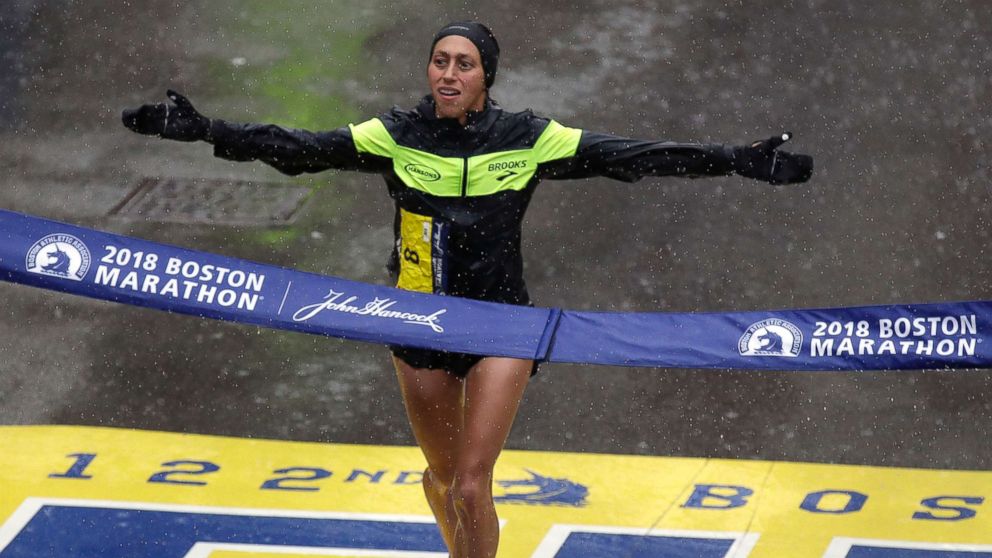 PHOTO: Desiree Linden, of Washington, Mich., wins the women's division of the 122nd Boston Marathon, April 16, 2018, in Boston. She is the first American woman to win the race since 1985. 