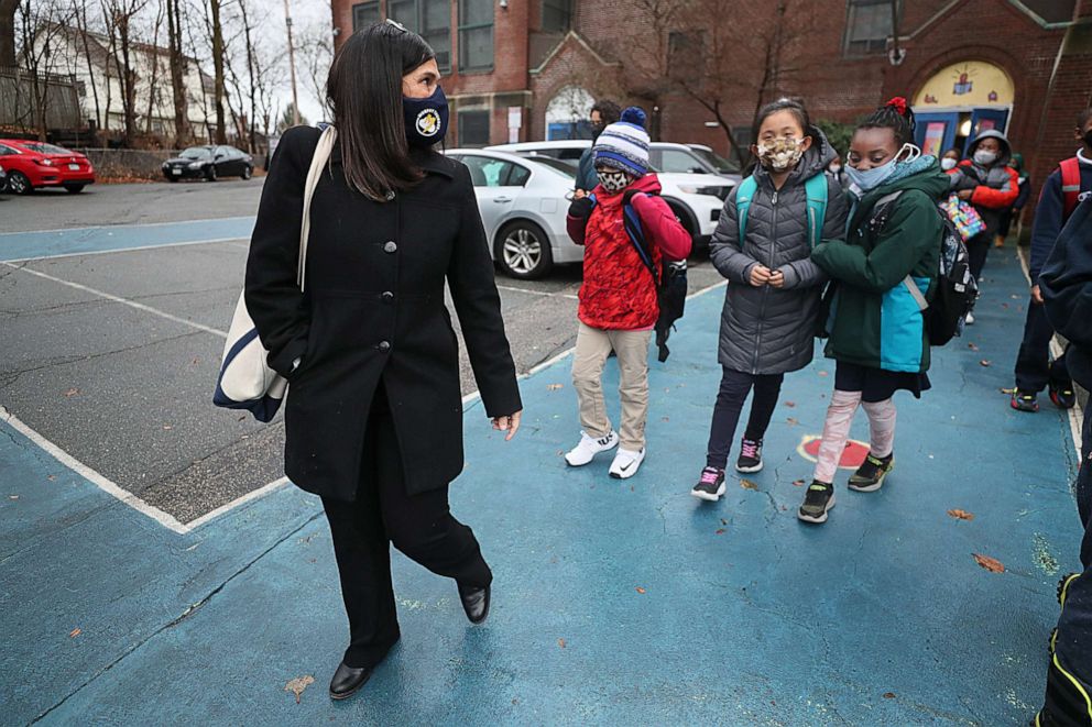 PHOTO: Boston School Superintendent Dr. Brenda Cassellius helped  dismiss children at the Nathan Hale Elementary School in Boston after substitute teaching there on Jan. 5, 2022.