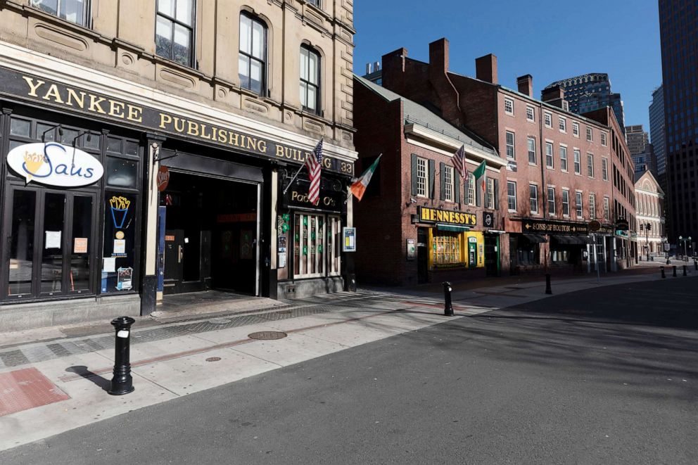 PHOTO: A block of closed restaurants on a deserted street, April 4, 2020, in Boston.