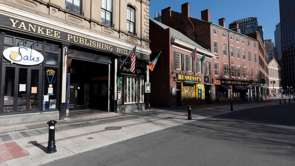 PHOTO: A block of closed restaurants on a deserted street, April 4, 2020, in Boston.The area is usually busy with tourists, but tourism is nearly non-existent during the coronavirus outbreak  