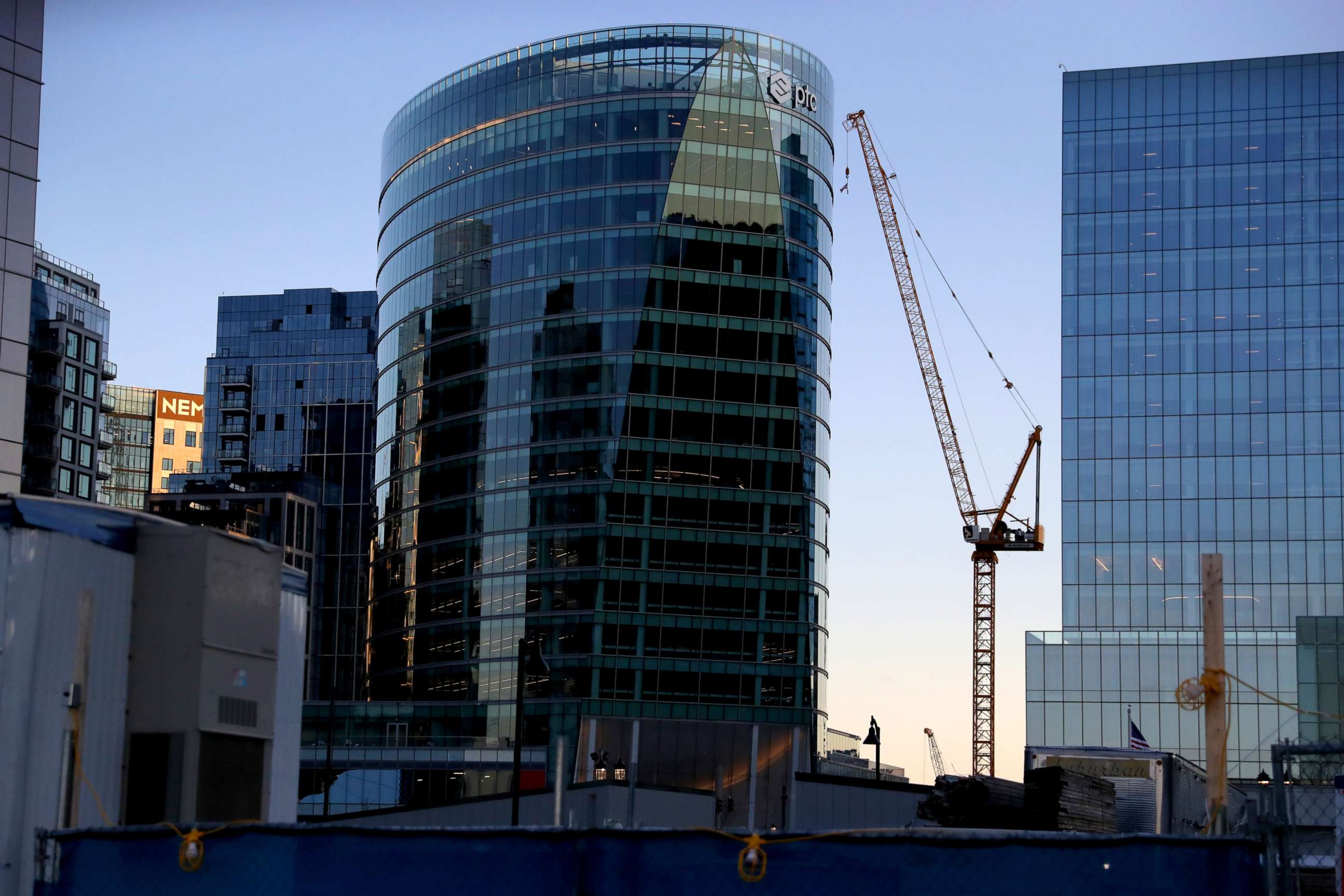 PHOTO: A view of high rise apartment and office buildings in the Seaport neighborhood, May 13, 2020 in Boston, Massachusetts.