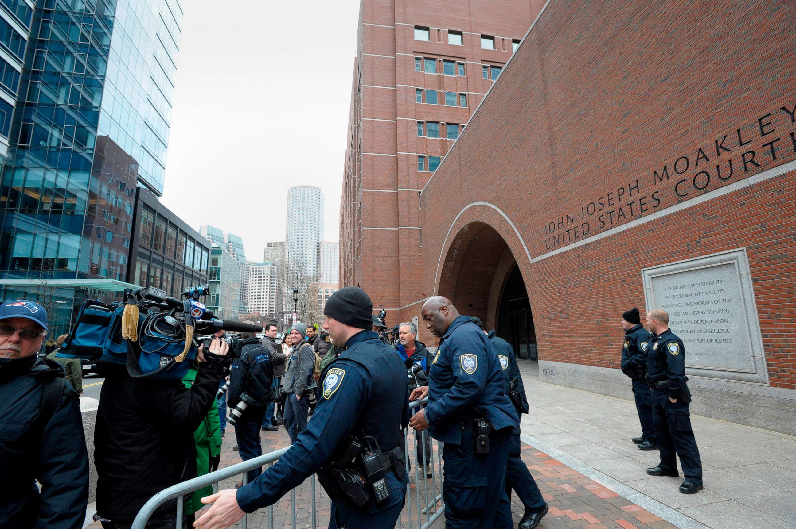 PHOTO: Police set up barricades at the John Joseph Moakley United States Courthouse during a hearing on the college admissions scandal on March 29, 2019, in Boston.