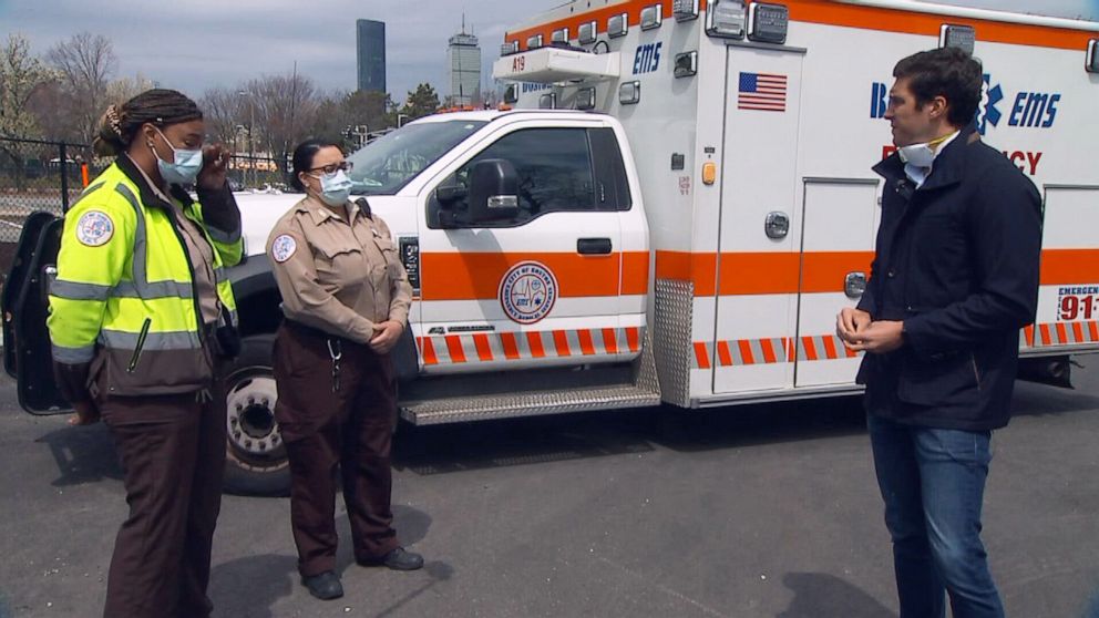 PHOTO: EMTs Amalia Borges and Marianna Muniz speak to ABC News' Will Reeve about responding to 911 calls during the COVID-19 pandemic.