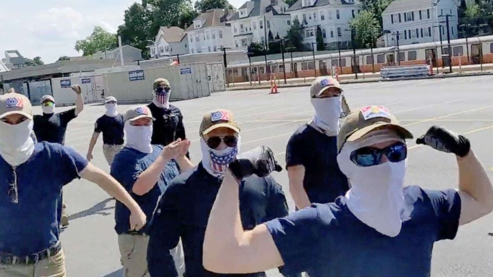 PHOTO:Supporters of the white nationalist group Patriot Front march during the Fourth of July holiday weekend in Malden, Mass., July 2, 2022.