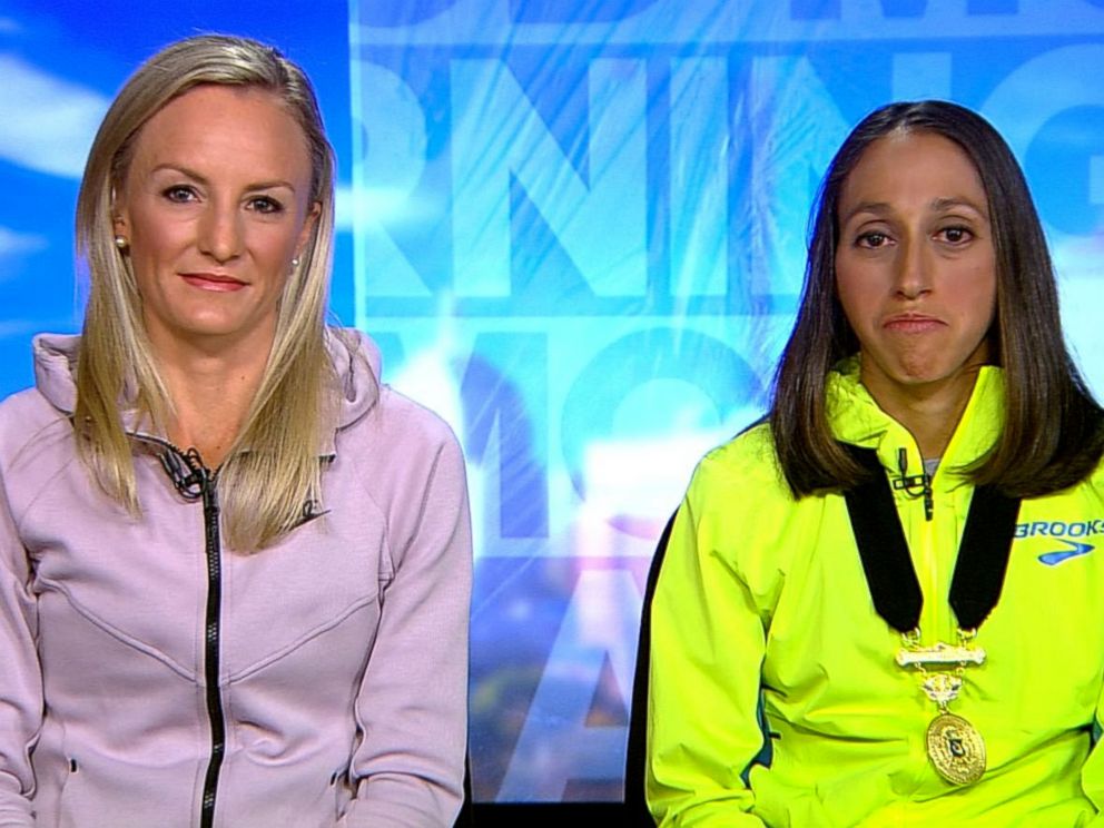 PHOTO: Shalane Flanagan, left, and 2018 Boston Marathon winner Desiree Linden appear on Good Morning America, April 17, 2018.