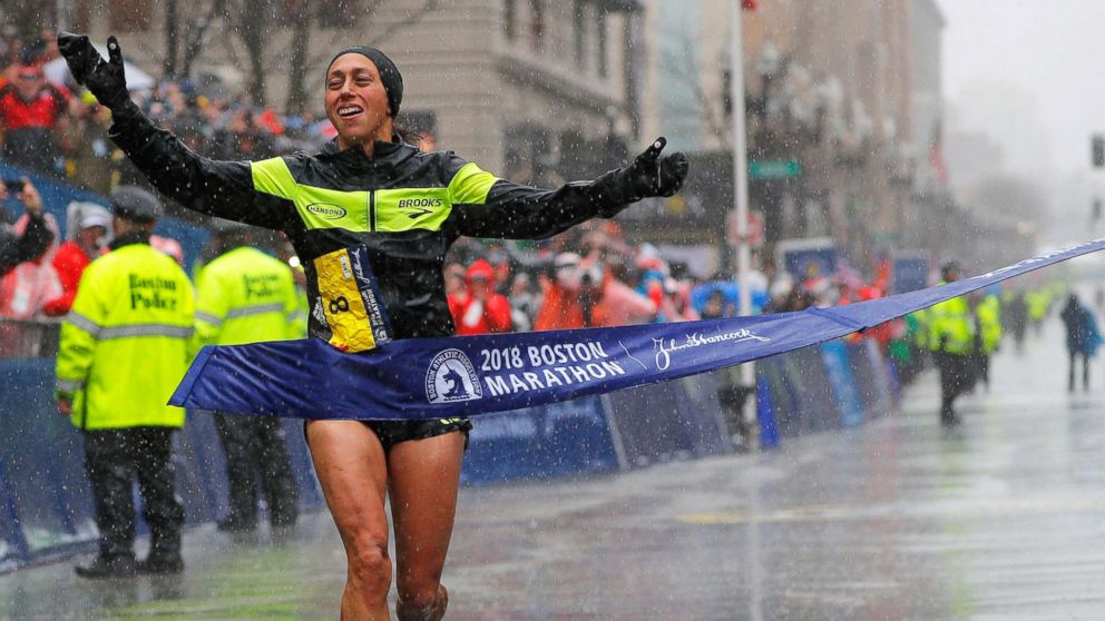 PHOTO: Desiree Linden of the U.S. crosses the finish line to win the women's division of the 122nd Boston Marathon in Boston, April 16, 2018. 
