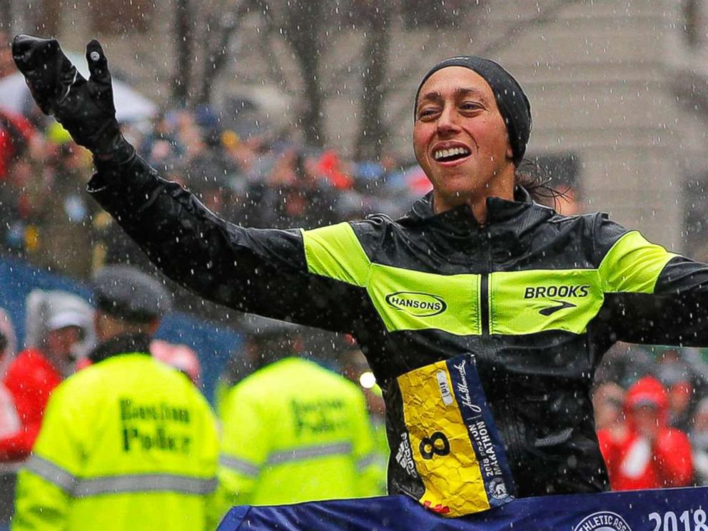 PHOTO: Desiree Linden of the U.S. crosses the finish line to win the women's division of the 122nd Boston Marathon in Boston, April 16, 2018. 