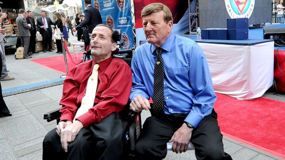 PHOTO: Rick Hoyt and Dick Hoyt participate in a media interview at Superman Hall Of Heroes inaugural event at Times Square in New York, May 13, 2014.