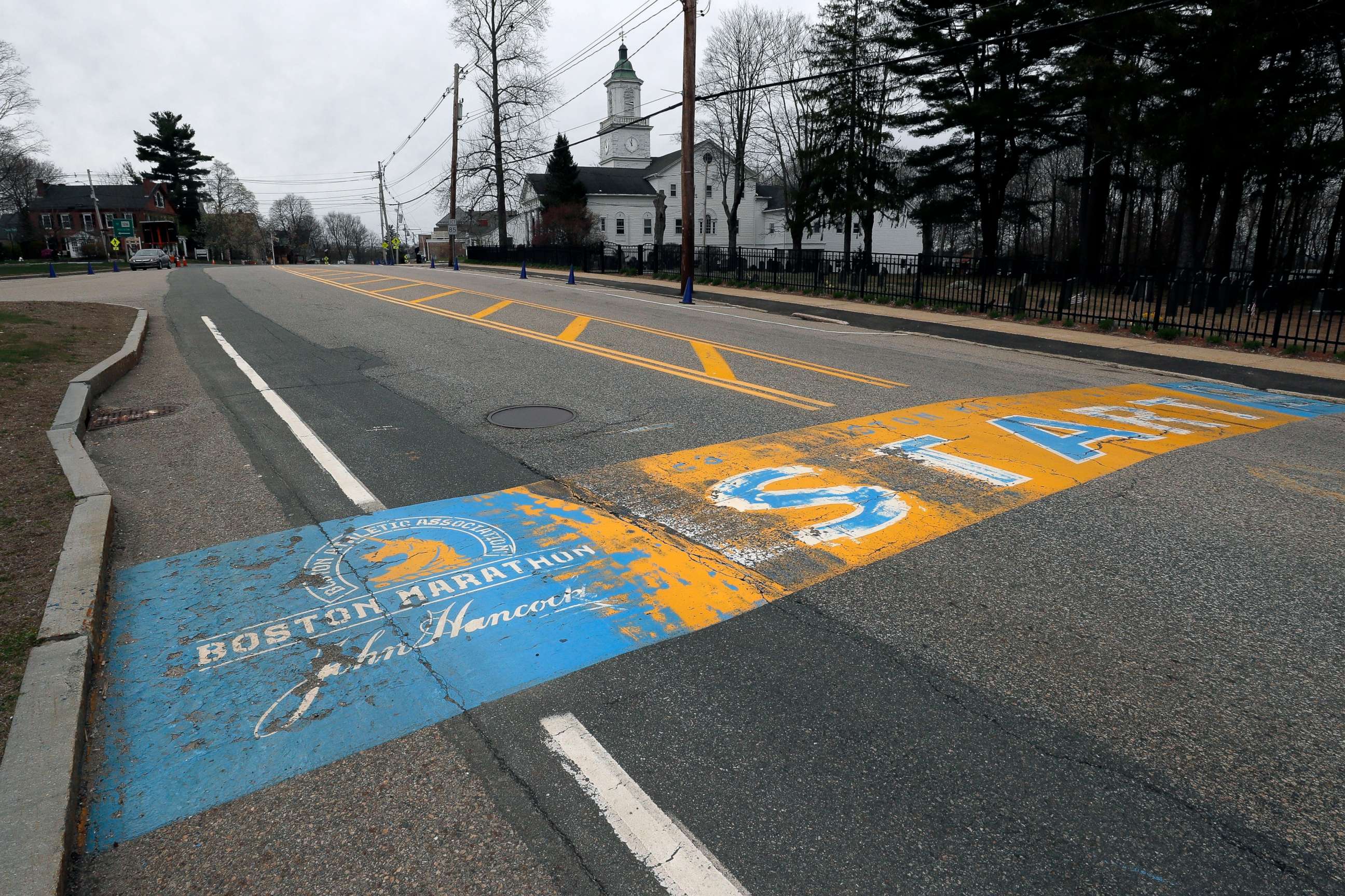 PHOTO: The Boston Marathon start line in Hopkinton, Mass., is vacant on the scheduled day of the 124th race, due to the COVID-19 virus outbreak.
