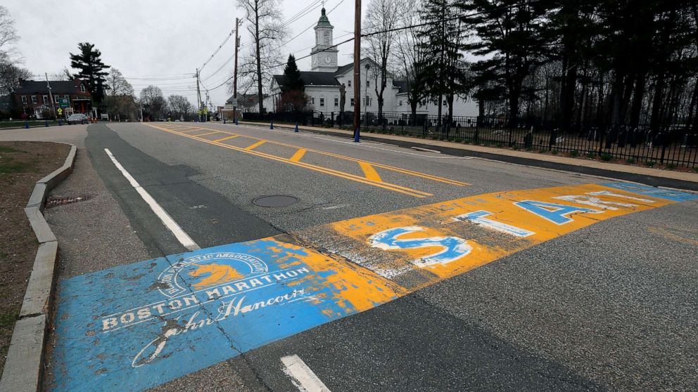 PHOTO: The Boston Marathon start line in Hopkinton, Mass., is vacant on the scheduled day of the 124th race, due to the COVID-19 virus outbreak.