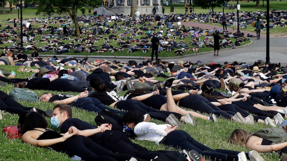 PHOTO: Hundreds of demonstrators lie face down during a protest against police brutality, on Boston Common, June 3, 2020, in Boston.