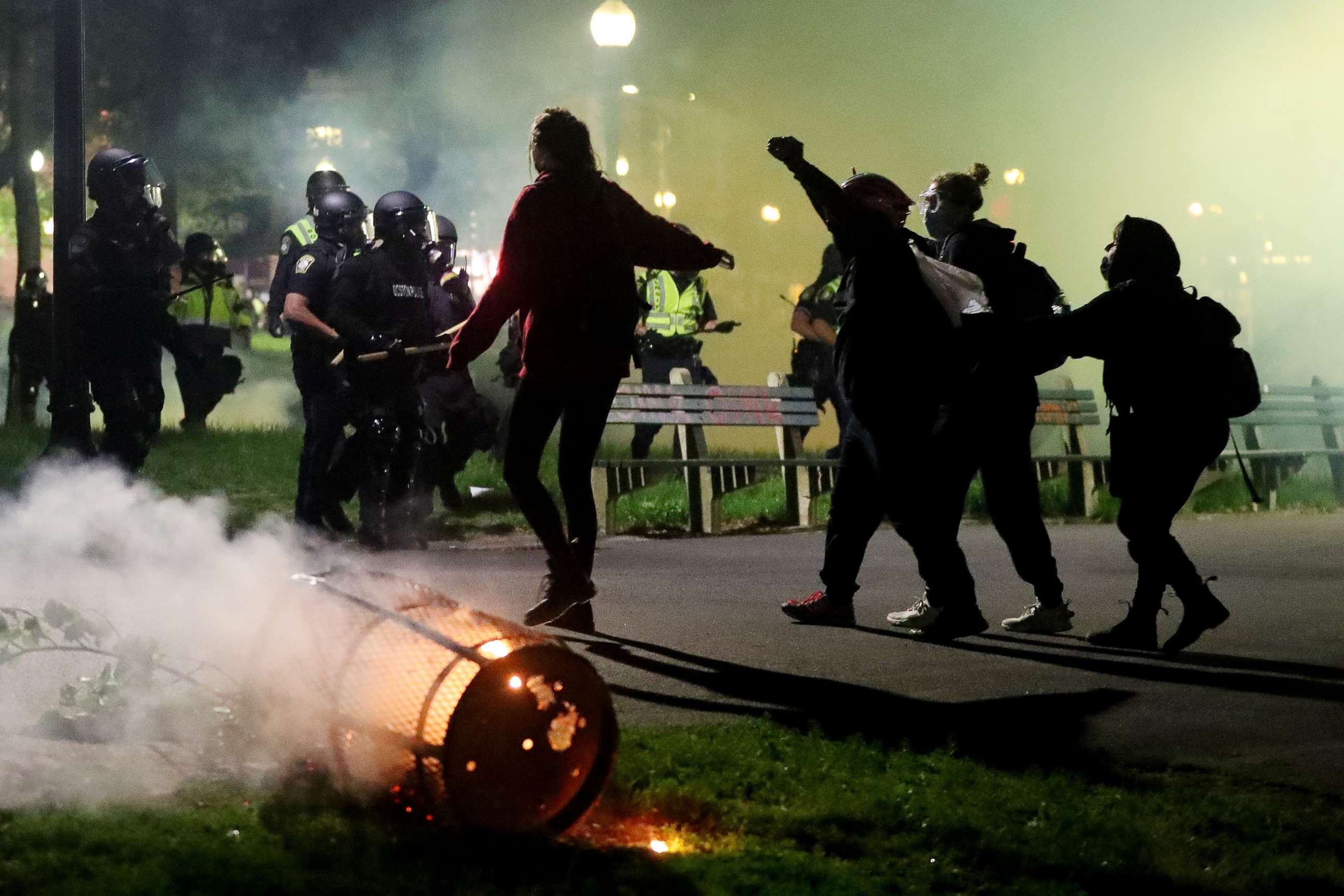 PHOTO: In this May 31, 2020, file photo, demonstrators face off with police in Boston during a protest in response to the recent death of George Floyd.