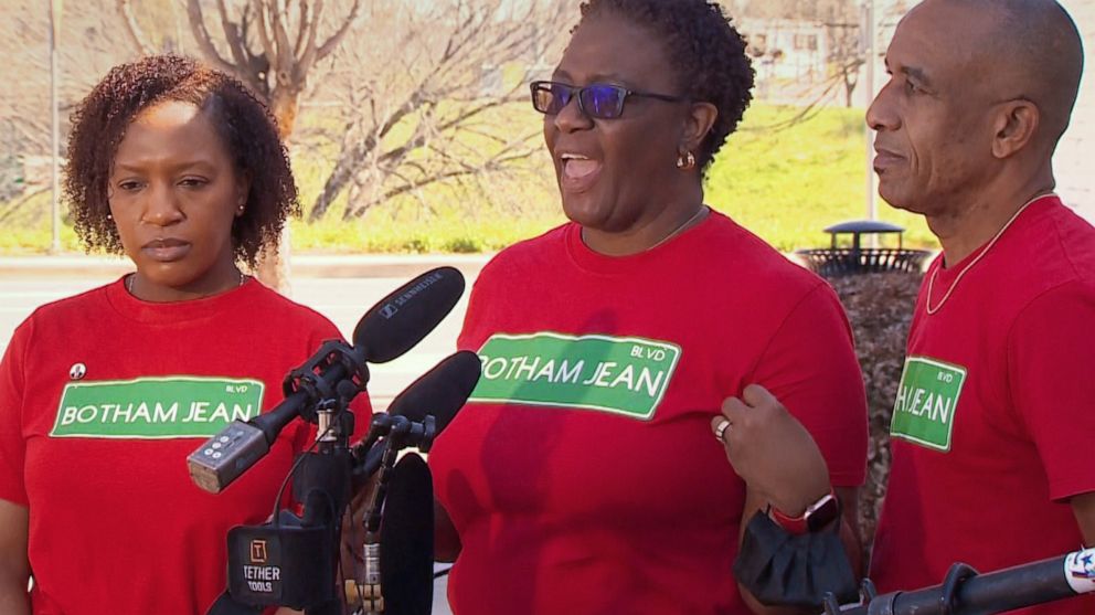 PHOTO: Botham Jean's mother, Allison Jean, speaks at a press conference about the renaming of a street in her son's honor in Dallas, March 26, 2021.
