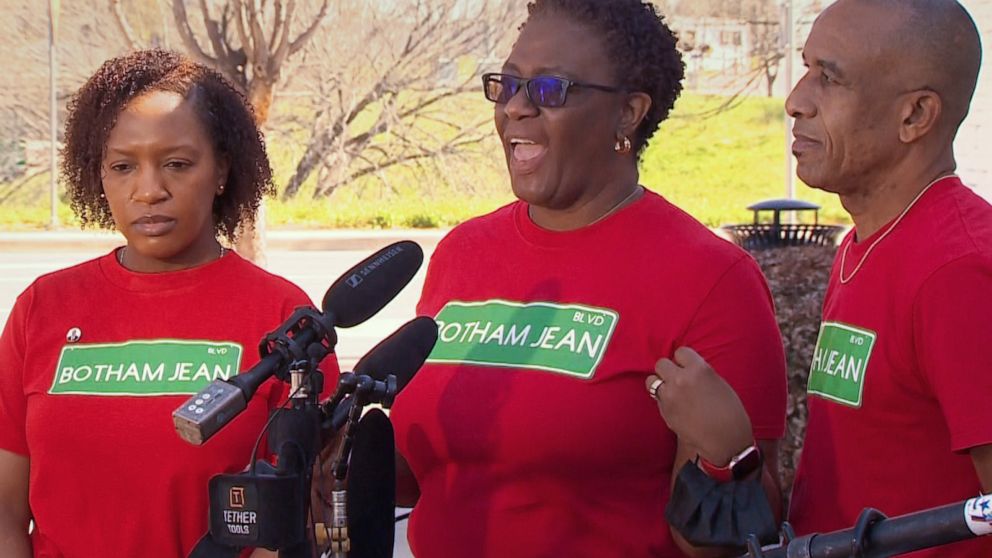 PHOTO: Botham Jean's mother, Allison Jean, speaks at a press conference about the renaming of a street in her son's honor in Dallas, March 26, 2021.